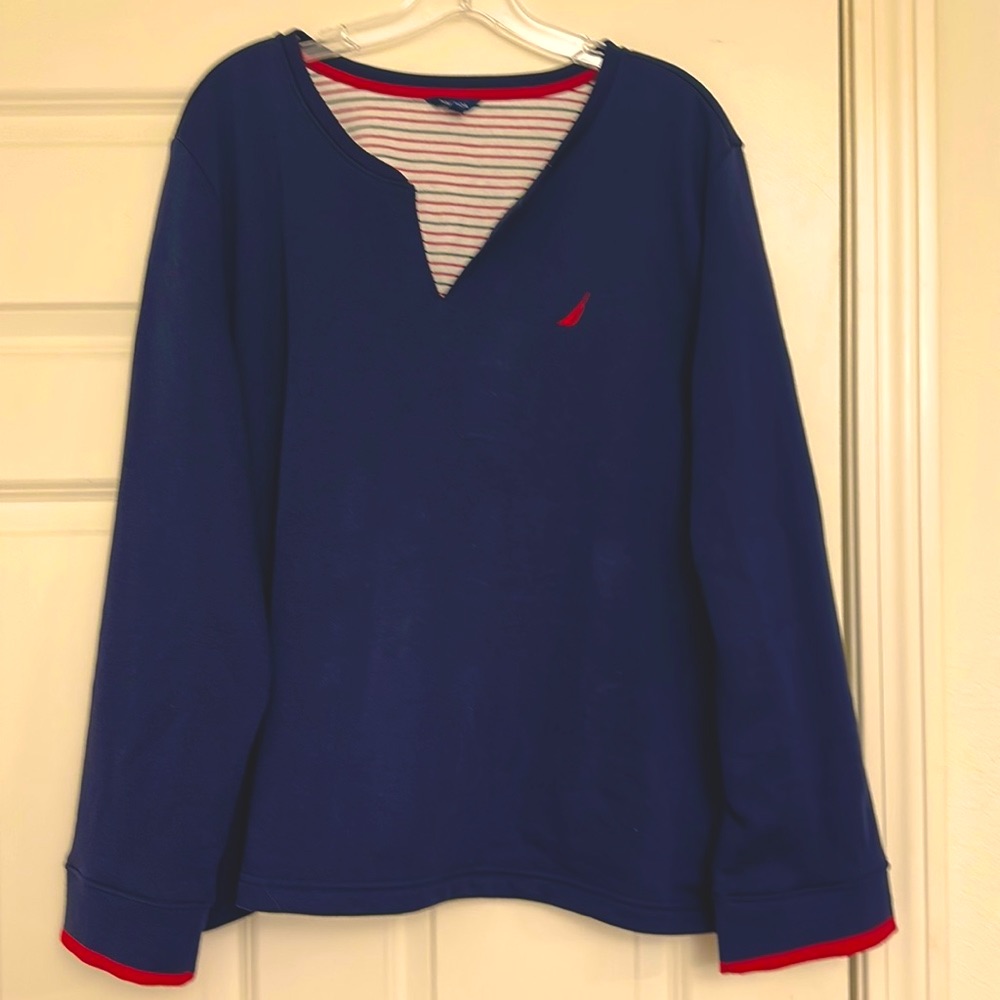 Nautica Notch Neck Navy/Red Cotton Pullover Long Sleeve Plush Interior Size Xxl
